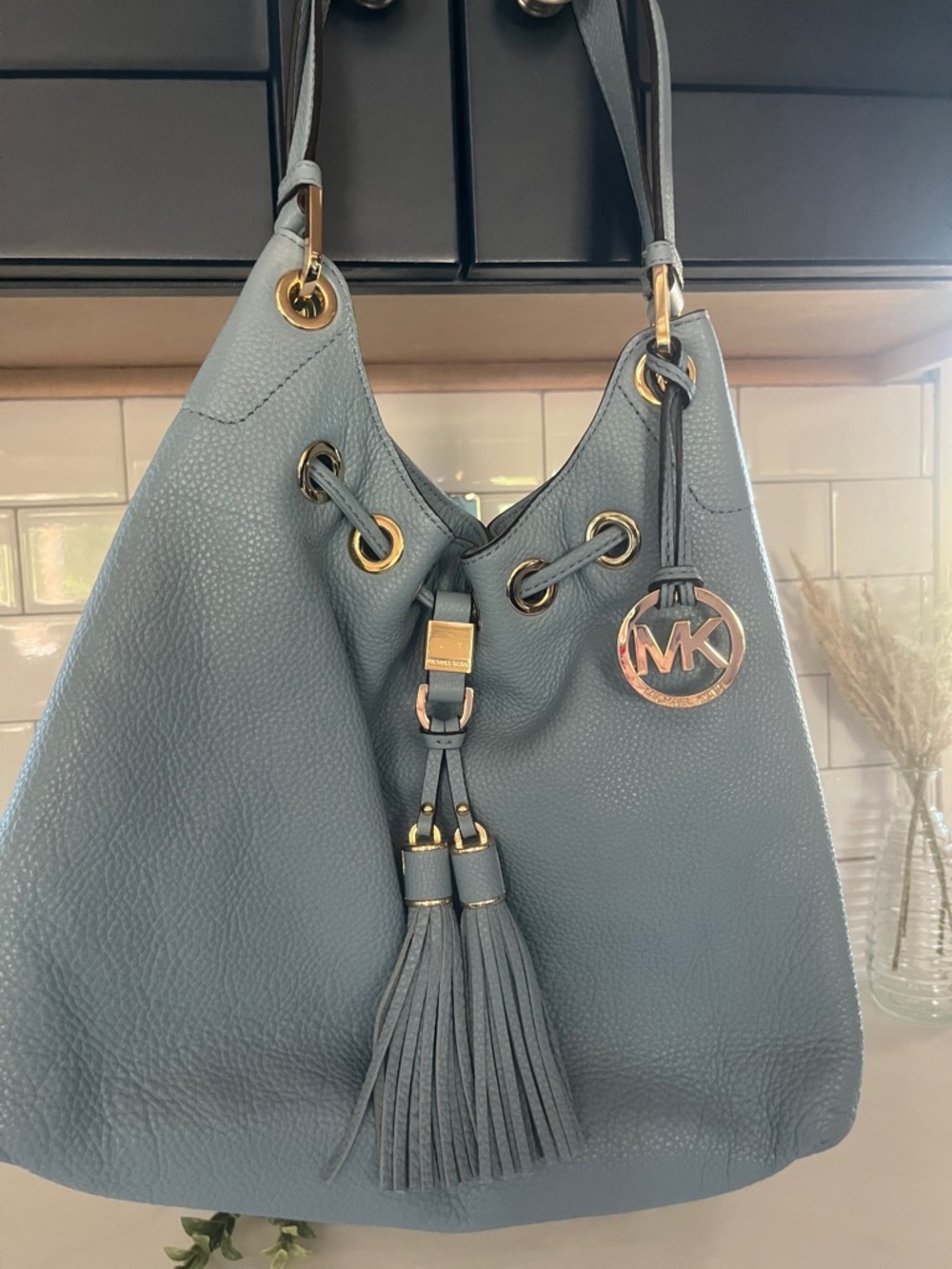 Michael Kors Slate Blue Pebbled Leather Drawstring Hobo with Tassel
